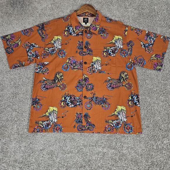 Brain Dead Shirt Mens Large Orange Button Up AOP Clowns Moto Skater Grunge - Picture 1 of 10
